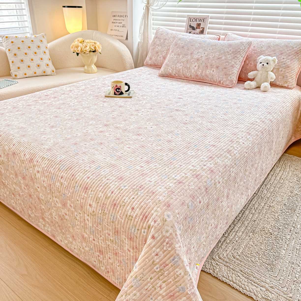 橘夏家纺 2025新款全棉双层纱床盖单件全棉夹棉学生床垫榻榻米不移位床盖三件套 清桃粉