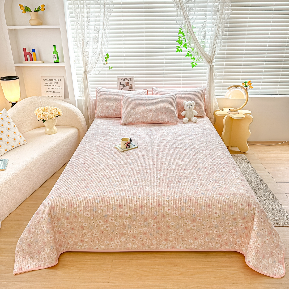 91家纺网 家纺一手货源 找家纺 橘夏家纺 2025新款全棉双层纱床盖单件全棉夹棉学生床垫榻榻米不移位床盖三件套 清桃粉