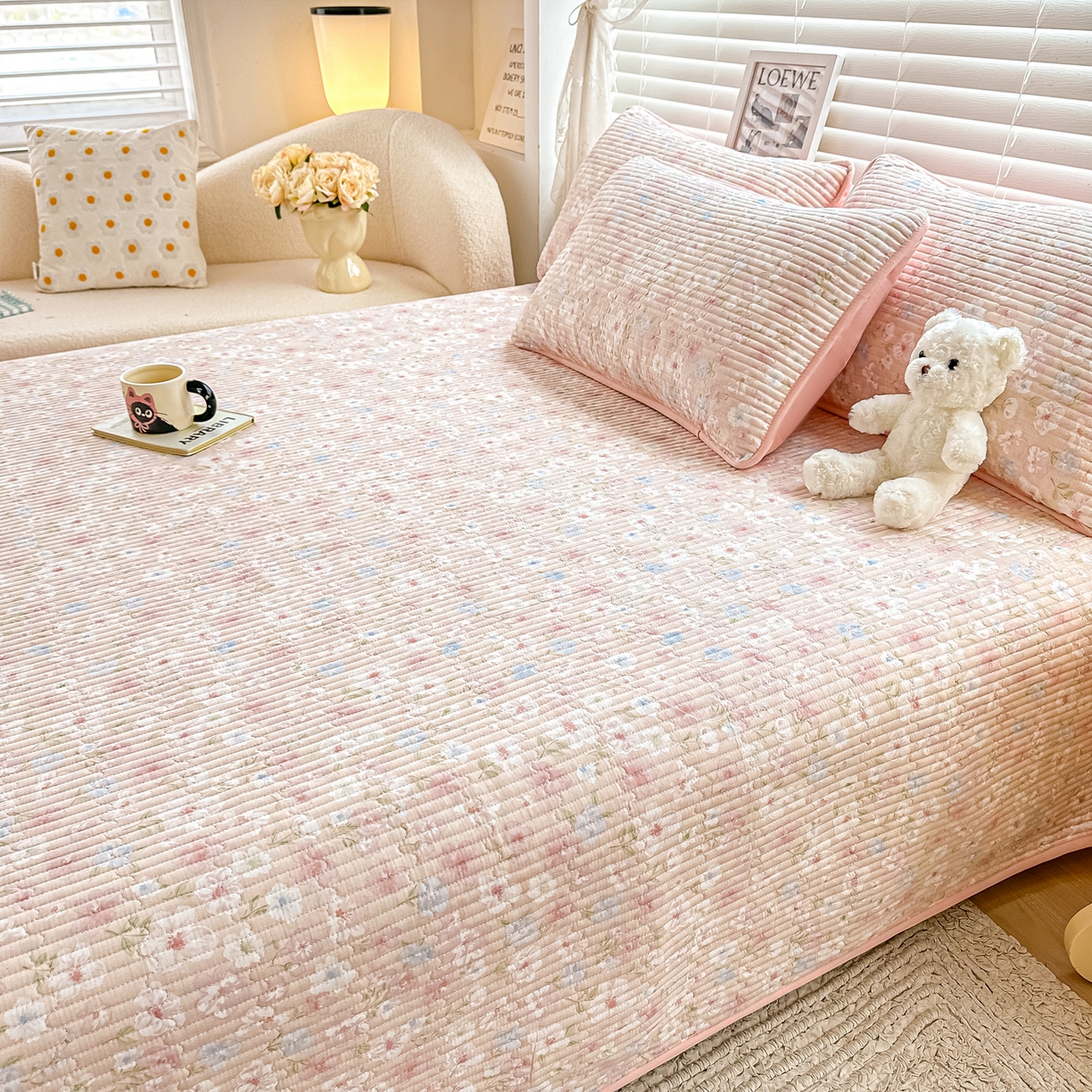 91家纺网 家纺一手货源 找家纺 橘夏家纺 2025新款全棉双层纱床盖单件全棉夹棉学生床垫榻榻米不移位床盖三件套 清桃粉