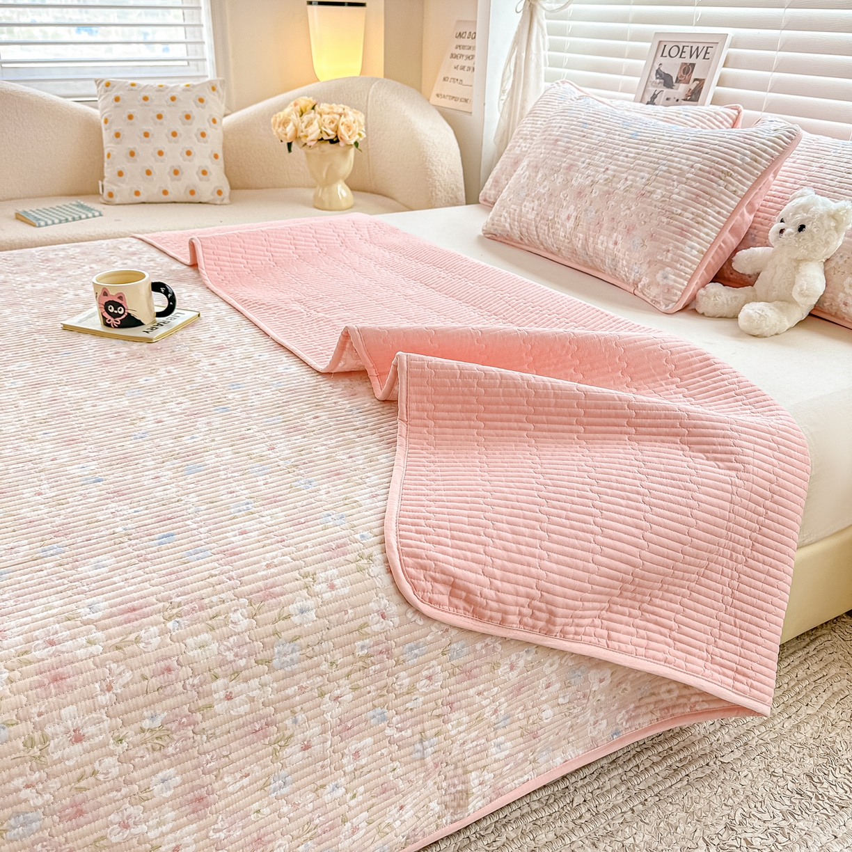 91家纺网 家纺一手货源 找家纺 橘夏家纺 2025新款全棉双层纱床盖单件全棉夹棉学生床垫榻榻米不移位床盖三件套 清桃粉