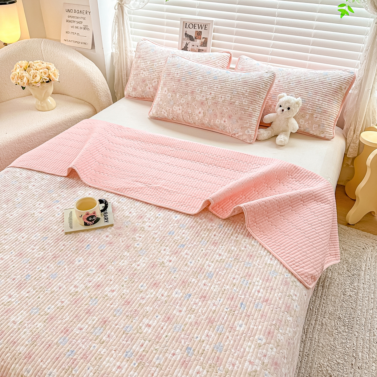 91家纺网 家纺一手货源 找家纺 橘夏家纺 2025新款全棉双层纱床盖单件全棉夹棉学生床垫榻榻米不移位床盖三件套 清桃粉