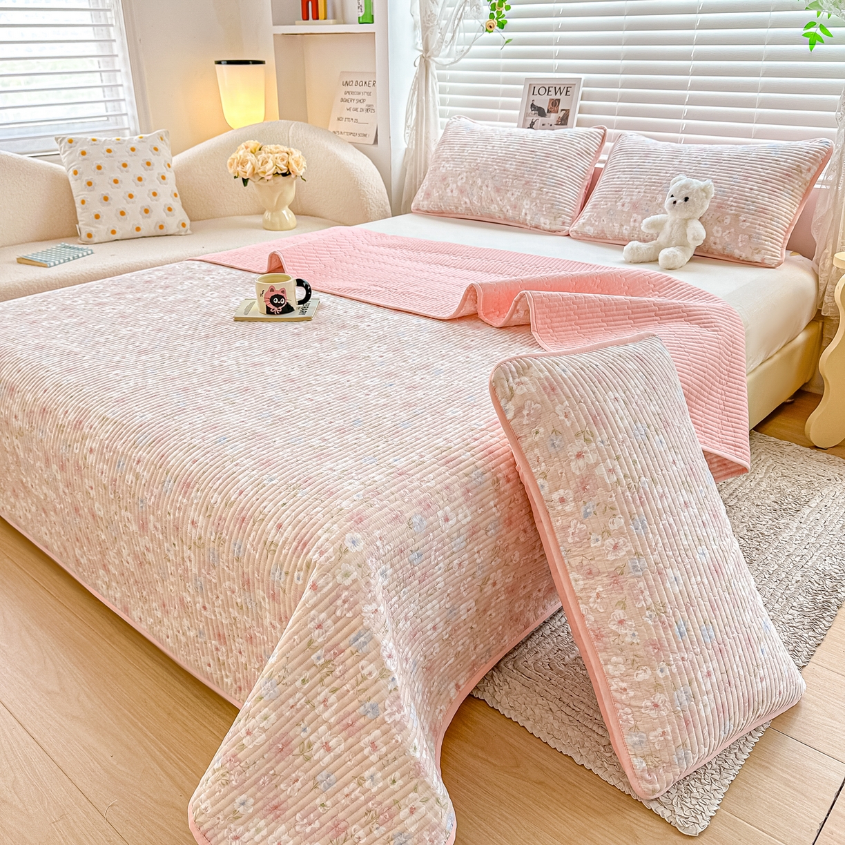 91家纺网 家纺一手货源 找家纺 橘夏家纺 2025新款全棉双层纱床盖单件全棉夹棉学生床垫榻榻米不移位床盖三件套 清桃粉