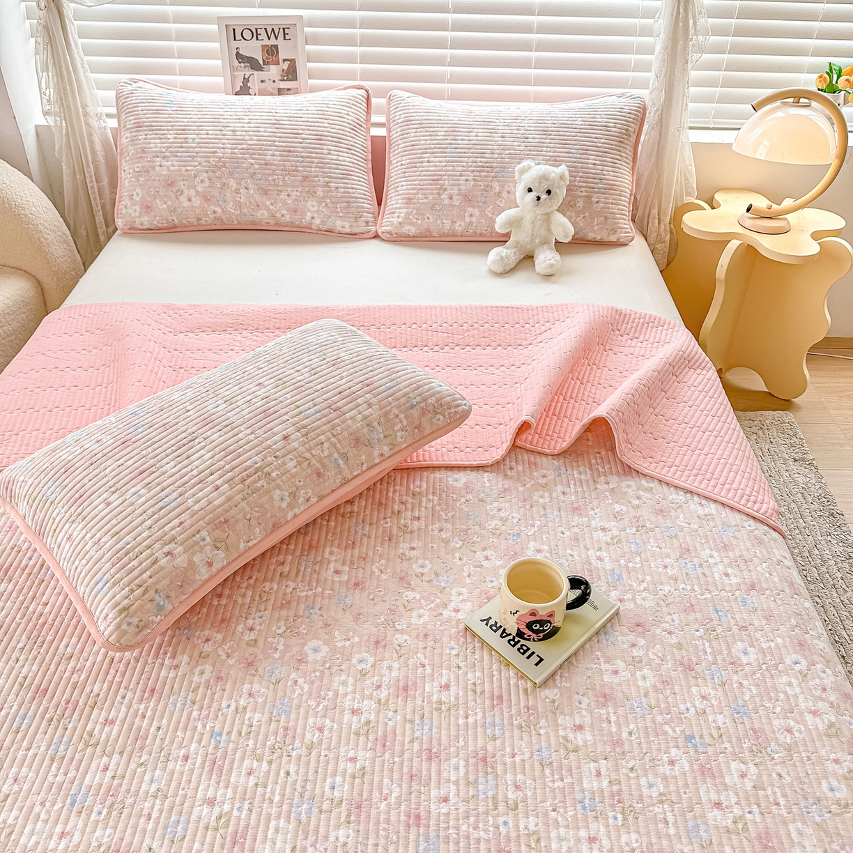 91家纺网 家纺一手货源 找家纺 橘夏家纺 2025新款全棉双层纱床盖单件全棉夹棉学生床垫榻榻米不移位床盖三件套 清桃粉