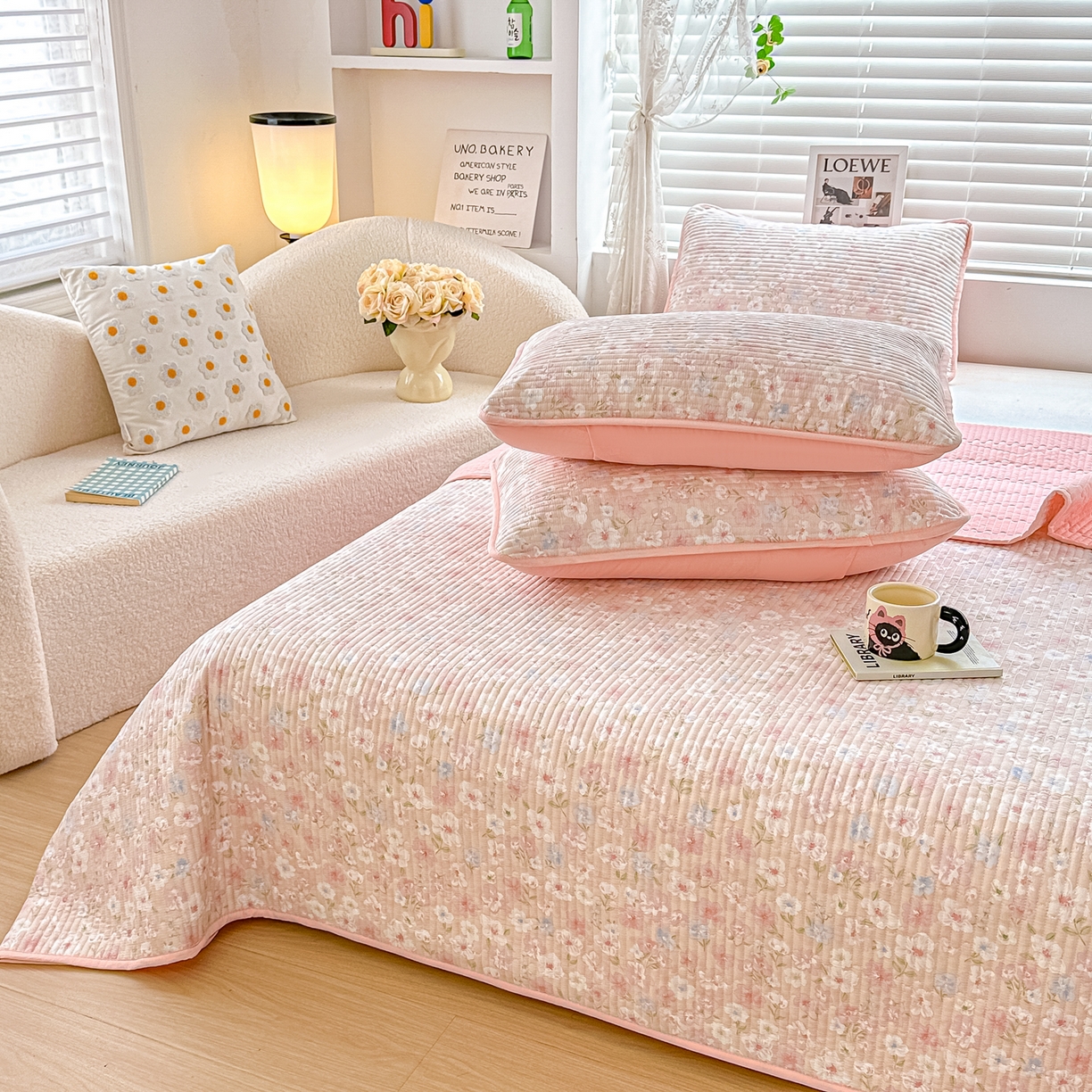 91家纺网 家纺一手货源 找家纺 橘夏家纺 2025新款全棉双层纱床盖单件全棉夹棉学生床垫榻榻米不移位床盖三件套 清桃粉
