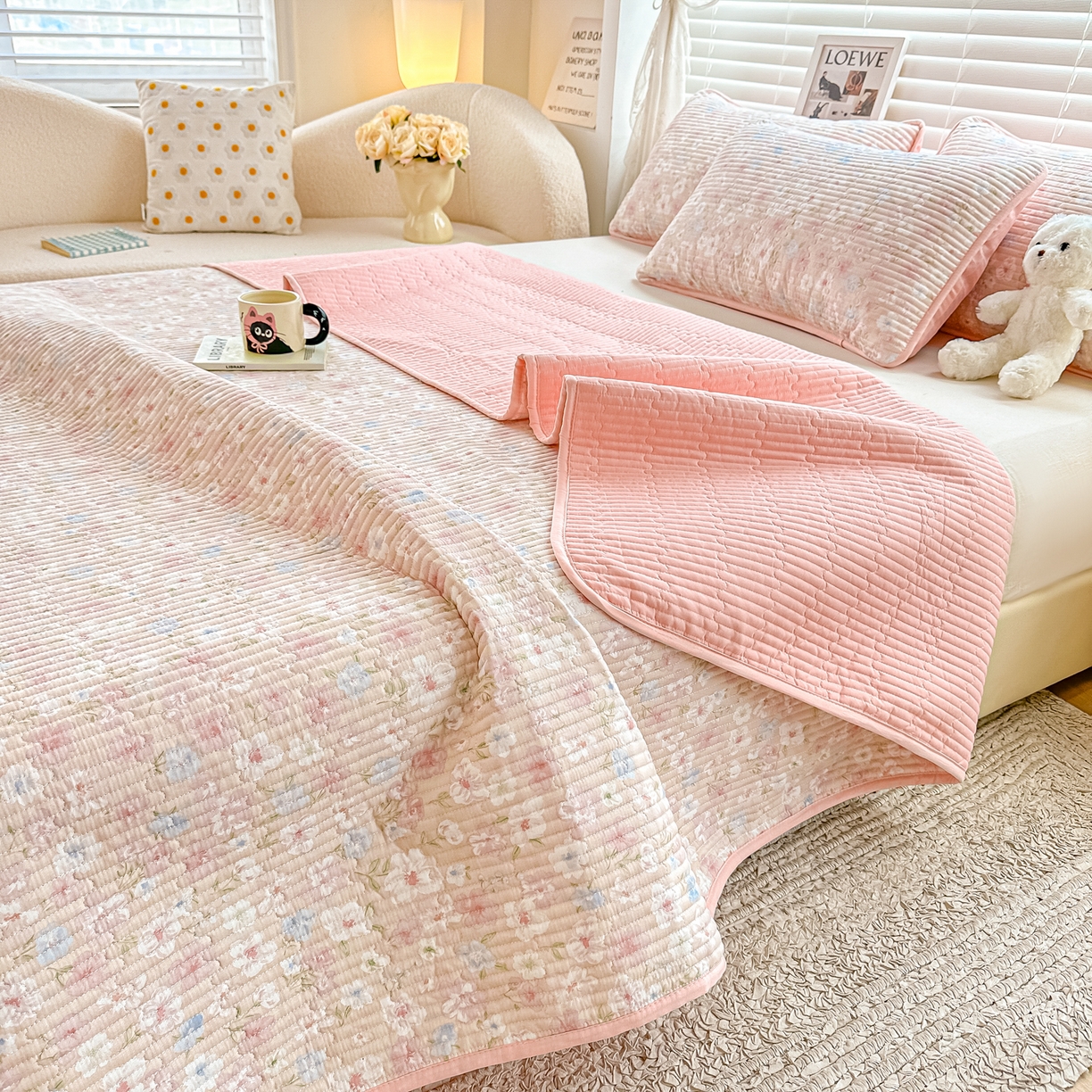 91家纺网 家纺一手货源 找家纺 橘夏家纺 2025新款全棉双层纱床盖单件全棉夹棉学生床垫榻榻米不移位床盖三件套 清桃粉