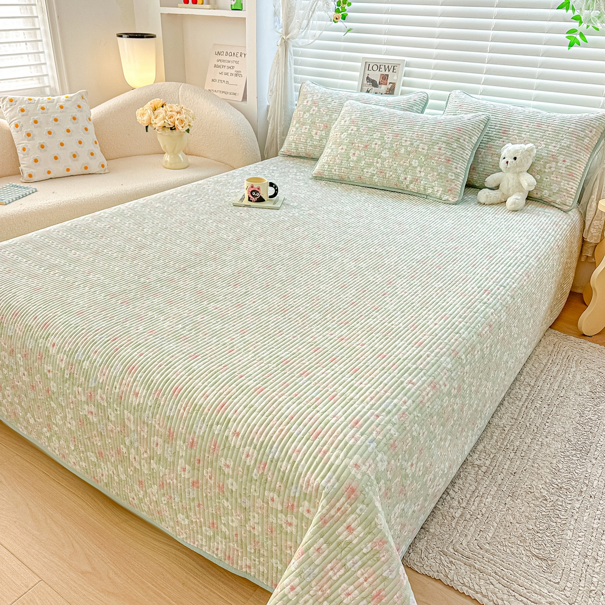 橘夏家纺 2025新款全棉双层纱床盖单件全棉夹棉学生床垫榻榻米不移位床盖三件套 清桃绿