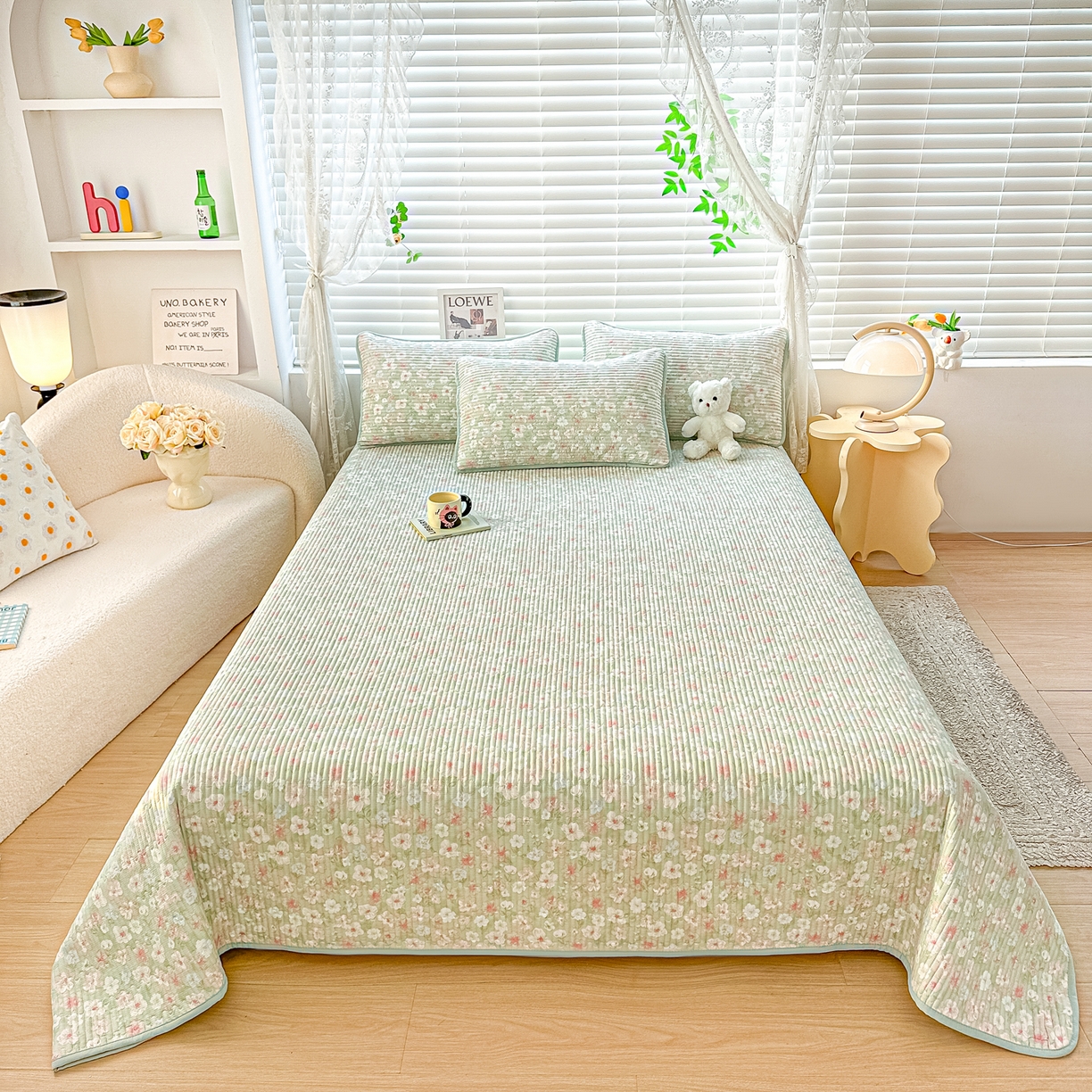 91家纺网 家纺一手货源 找家纺 橘夏家纺 2025新款全棉双层纱床盖单件全棉夹棉学生床垫榻榻米不移位床盖三件套 清桃绿