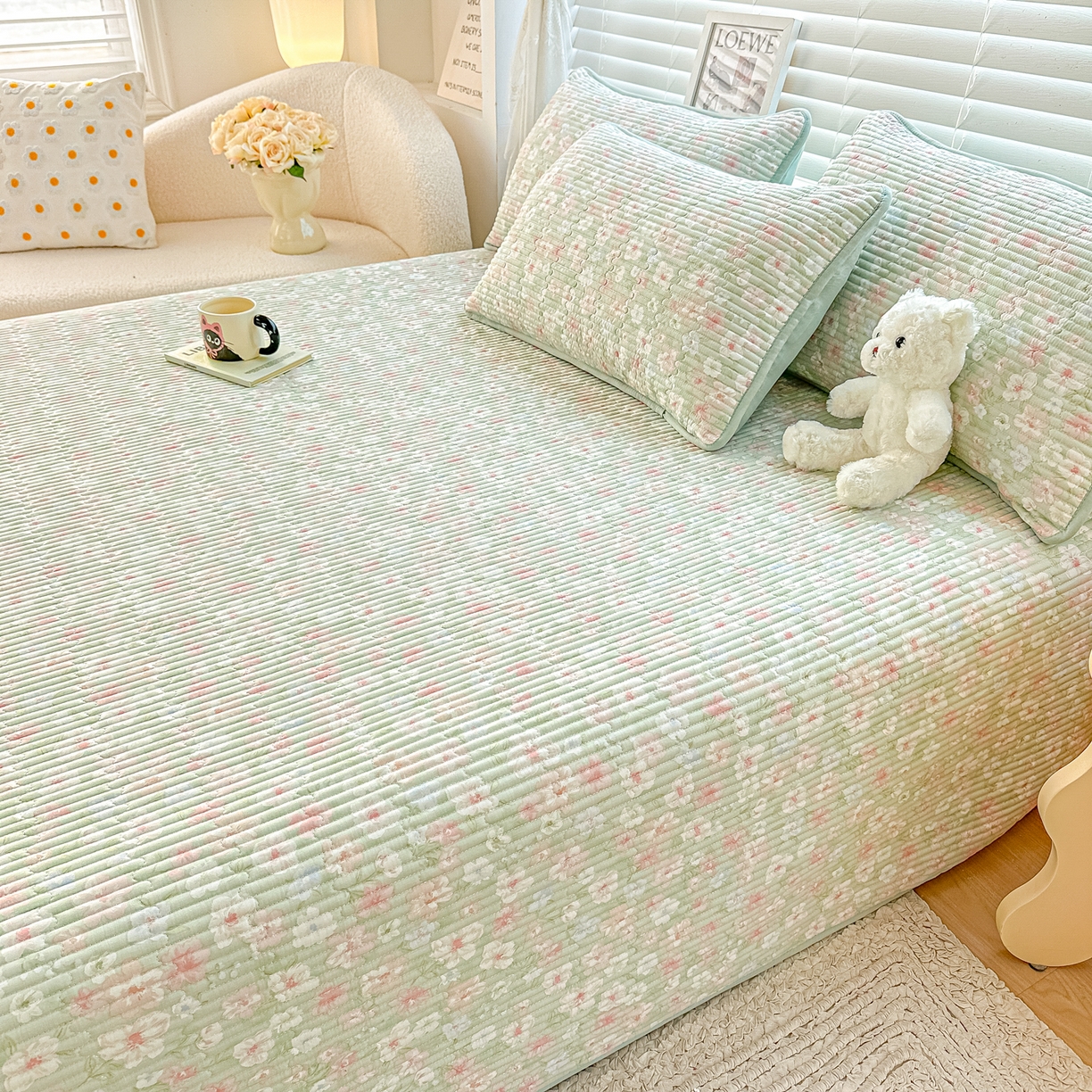 91家纺网 家纺一手货源 找家纺 橘夏家纺 2025新款全棉双层纱床盖单件全棉夹棉学生床垫榻榻米不移位床盖三件套 清桃绿