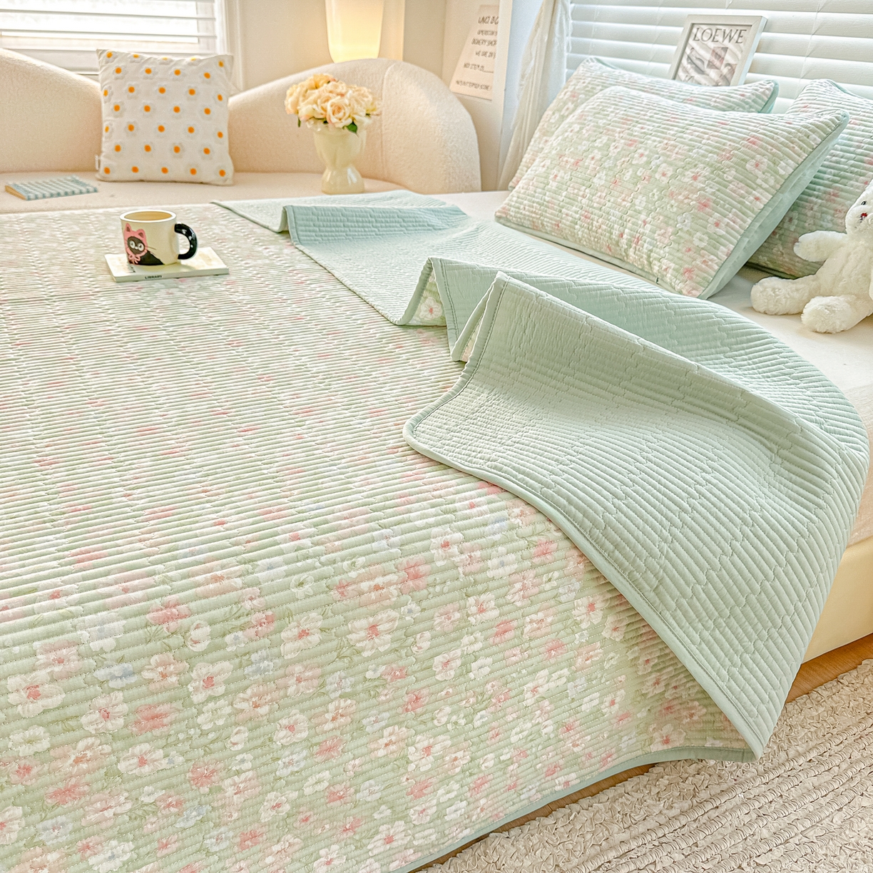 91家纺网 家纺一手货源 找家纺 橘夏家纺 2025新款全棉双层纱床盖单件全棉夹棉学生床垫榻榻米不移位床盖三件套 清桃绿