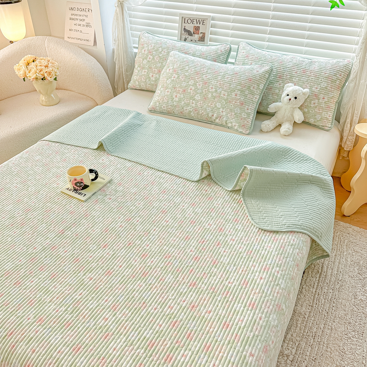 91家纺网 家纺一手货源 找家纺 橘夏家纺 2025新款全棉双层纱床盖单件全棉夹棉学生床垫榻榻米不移位床盖三件套 清桃绿