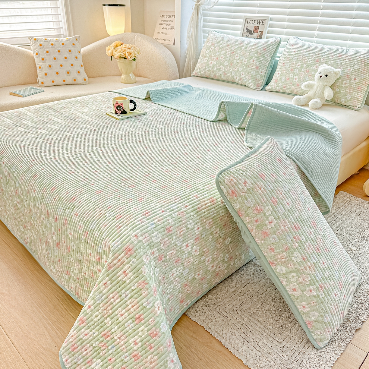 91家纺网 家纺一手货源 找家纺 橘夏家纺 2025新款全棉双层纱床盖单件全棉夹棉学生床垫榻榻米不移位床盖三件套 清桃绿