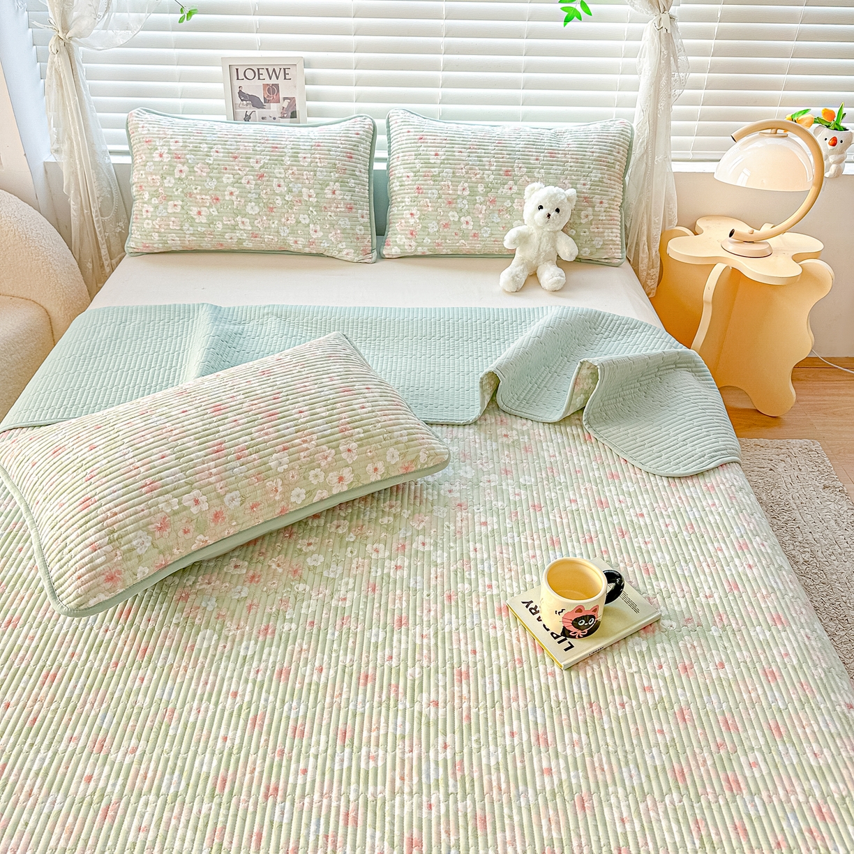 91家纺网 家纺一手货源 找家纺 橘夏家纺 2025新款全棉双层纱床盖单件全棉夹棉学生床垫榻榻米不移位床盖三件套 清桃绿