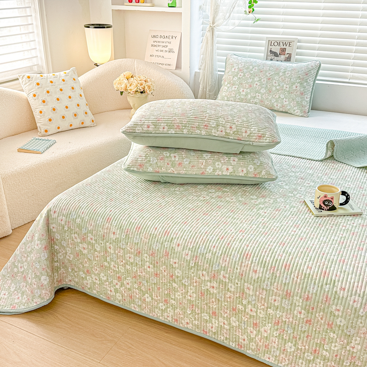 91家纺网 家纺一手货源 找家纺 橘夏家纺 2025新款全棉双层纱床盖单件全棉夹棉学生床垫榻榻米不移位床盖三件套 清桃绿