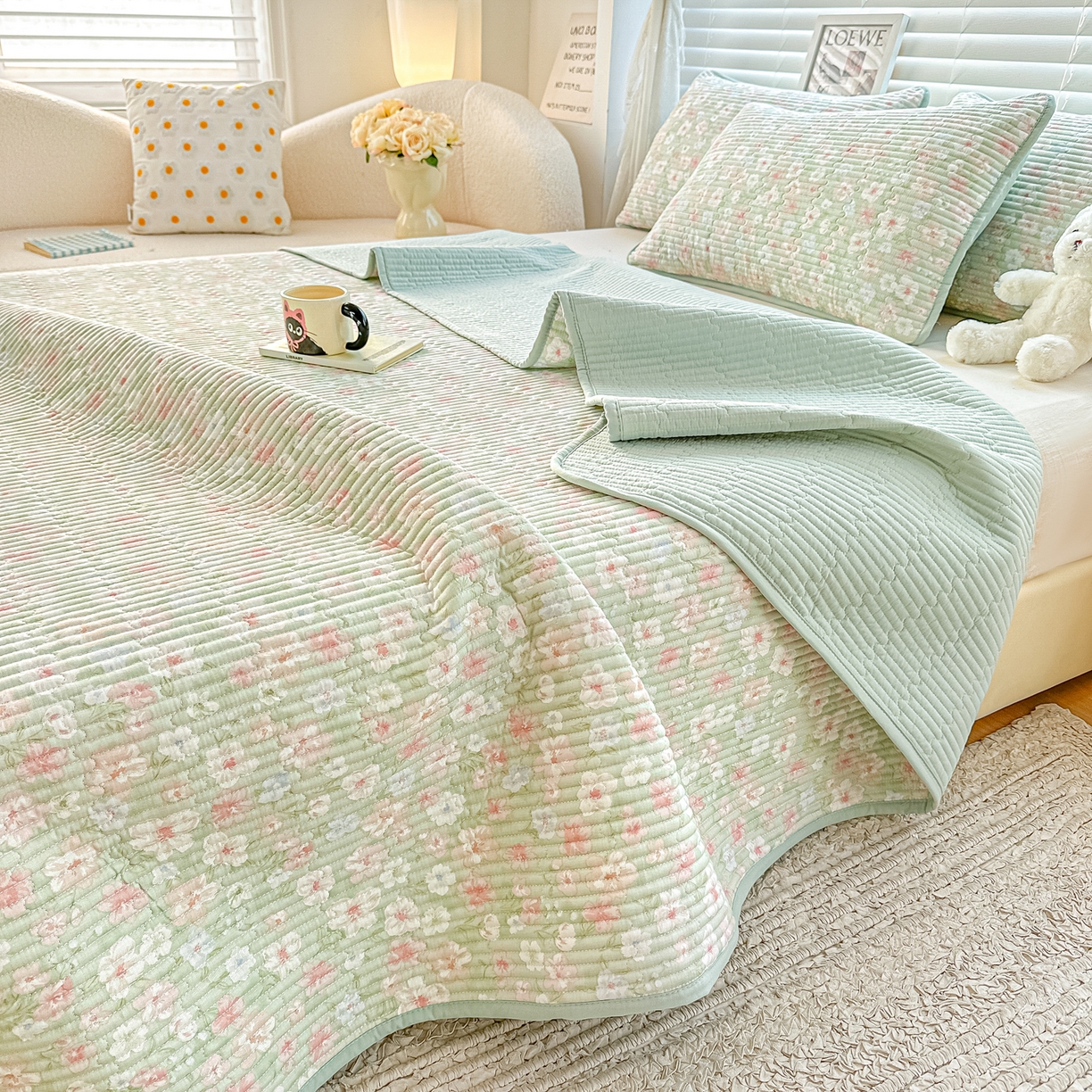 91家纺网 家纺一手货源 找家纺 橘夏家纺 2025新款全棉双层纱床盖单件全棉夹棉学生床垫榻榻米不移位床盖三件套 清桃绿