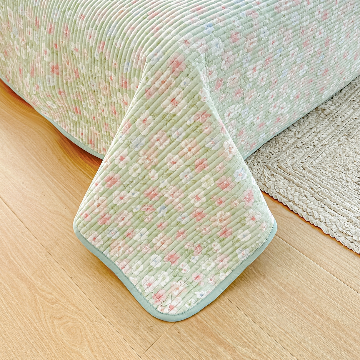 91家纺网 家纺一手货源 找家纺 橘夏家纺 2025新款全棉双层纱床盖单件全棉夹棉学生床垫榻榻米不移位床盖三件套 清桃绿