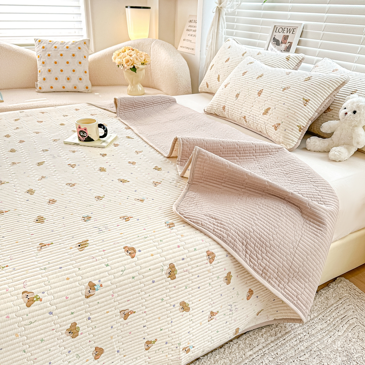 91家纺网 家纺一手货源 找家纺 橘夏家纺 2025新款全棉双层纱床盖单件全棉夹棉学生床垫榻榻米不移位床盖三件套 星仔