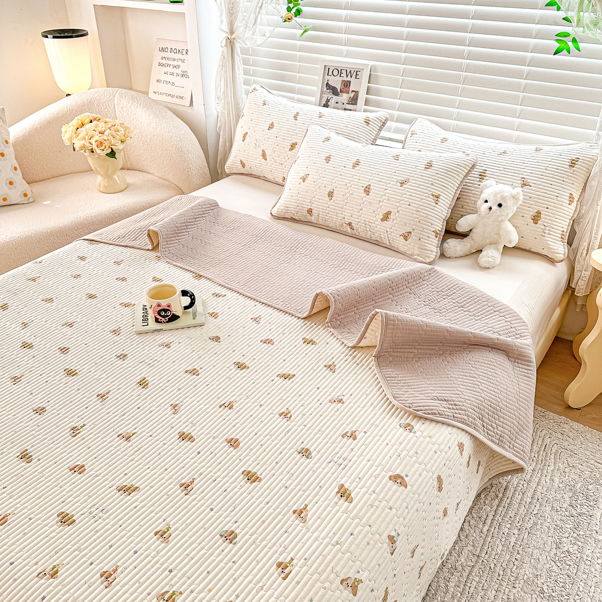 91家纺网 家纺一手货源 找家纺 橘夏家纺 2025新款全棉双层纱床盖单件全棉夹棉学生床垫榻榻米不移位床盖三件套 星仔