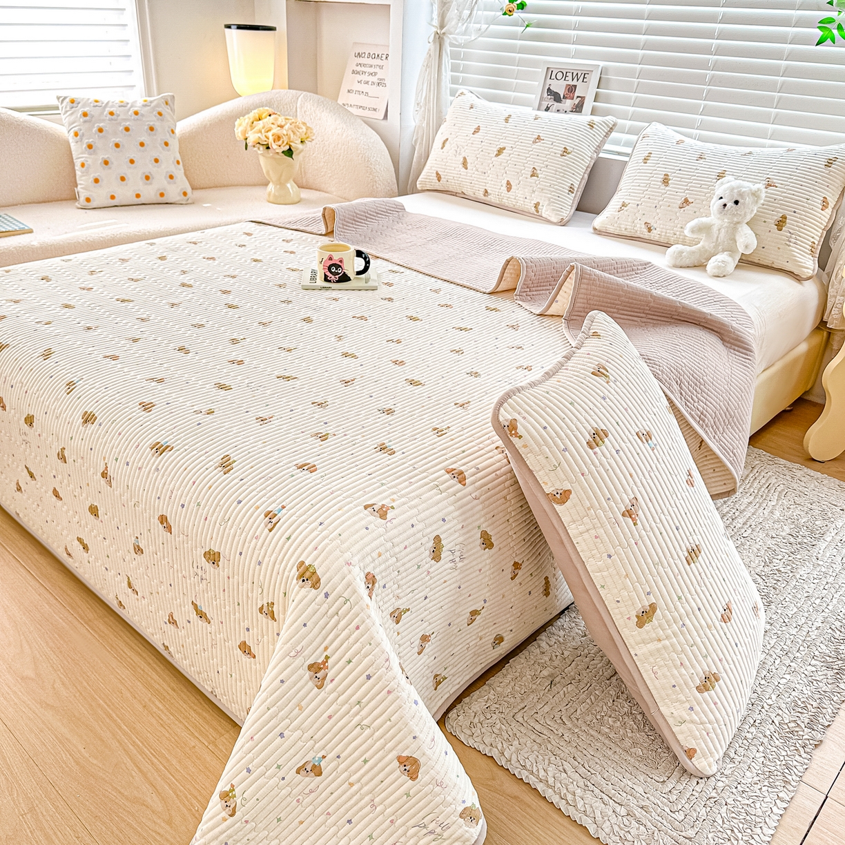 91家纺网 家纺一手货源 找家纺 橘夏家纺 2025新款全棉双层纱床盖单件全棉夹棉学生床垫榻榻米不移位床盖三件套 星仔