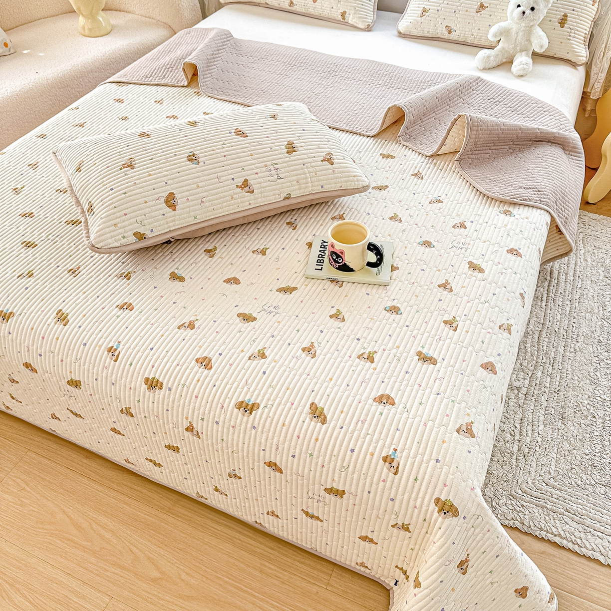 91家纺网 家纺一手货源 找家纺 橘夏家纺 2025新款全棉双层纱床盖单件全棉夹棉学生床垫榻榻米不移位床盖三件套 星仔