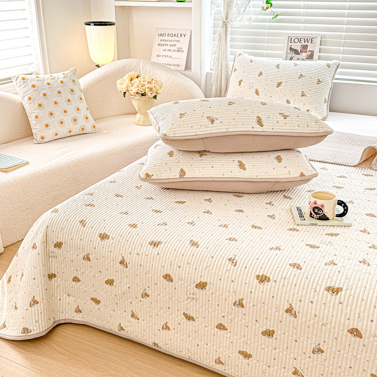 91家纺网 家纺一手货源 找家纺 橘夏家纺 2025新款全棉双层纱床盖单件全棉夹棉学生床垫榻榻米不移位床盖三件套 星仔