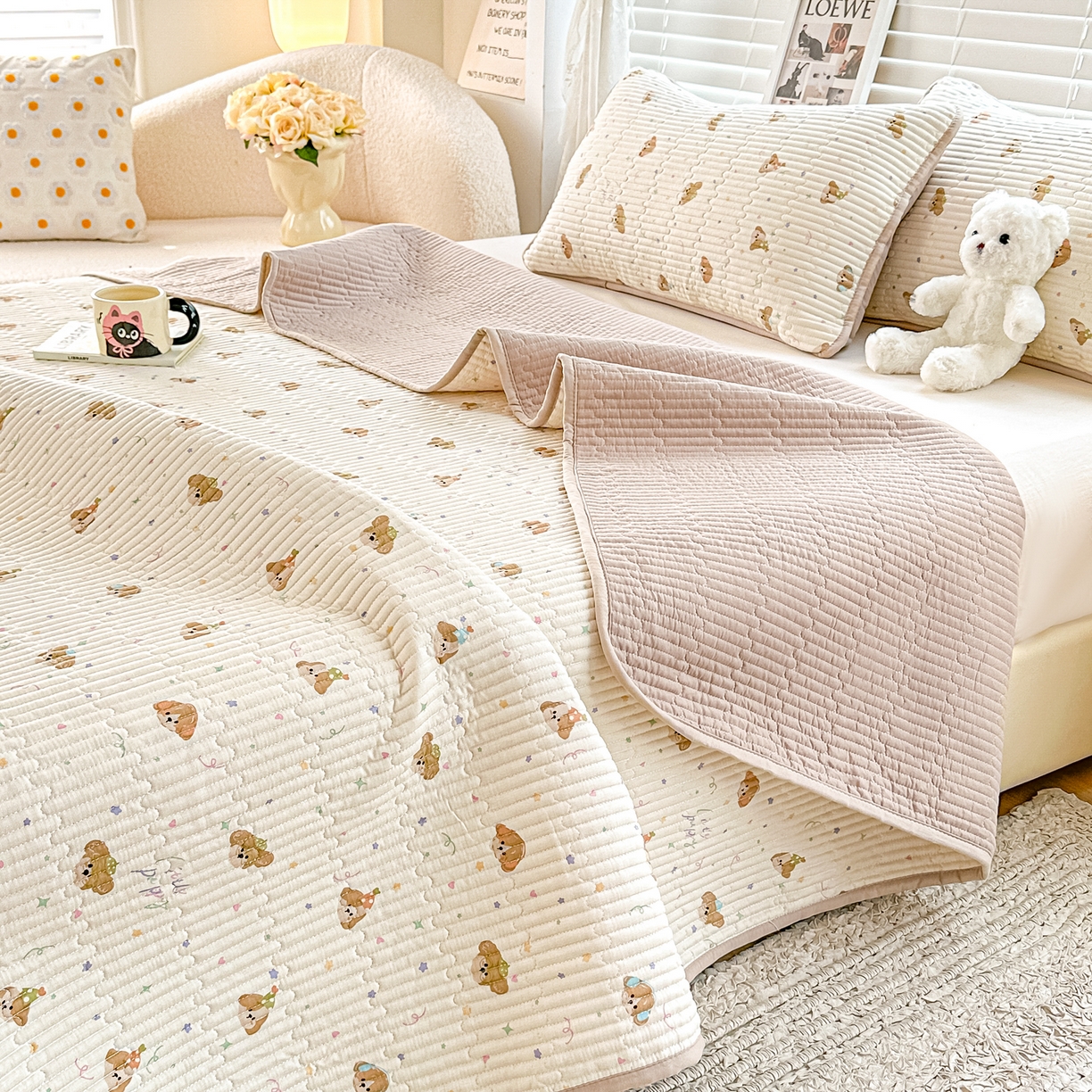 91家纺网 家纺一手货源 找家纺 橘夏家纺 2025新款全棉双层纱床盖单件全棉夹棉学生床垫榻榻米不移位床盖三件套 星仔