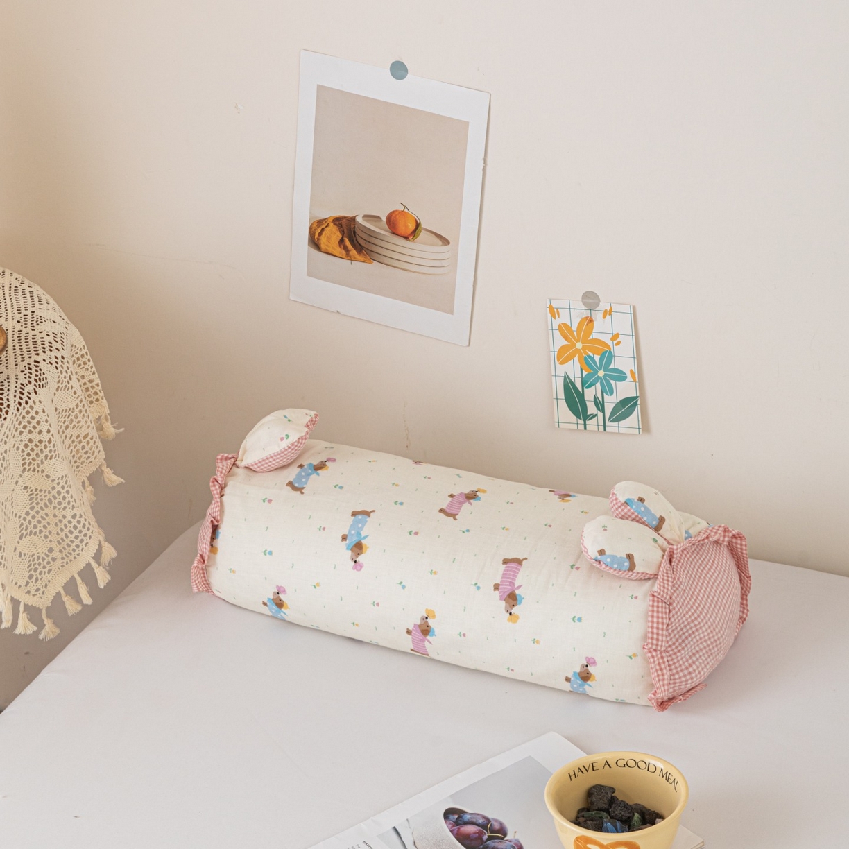 卓昌枕芯 2025新款全棉双层纱兔耳枕糖果荞麦枕头枕芯 腊肠狗粉格