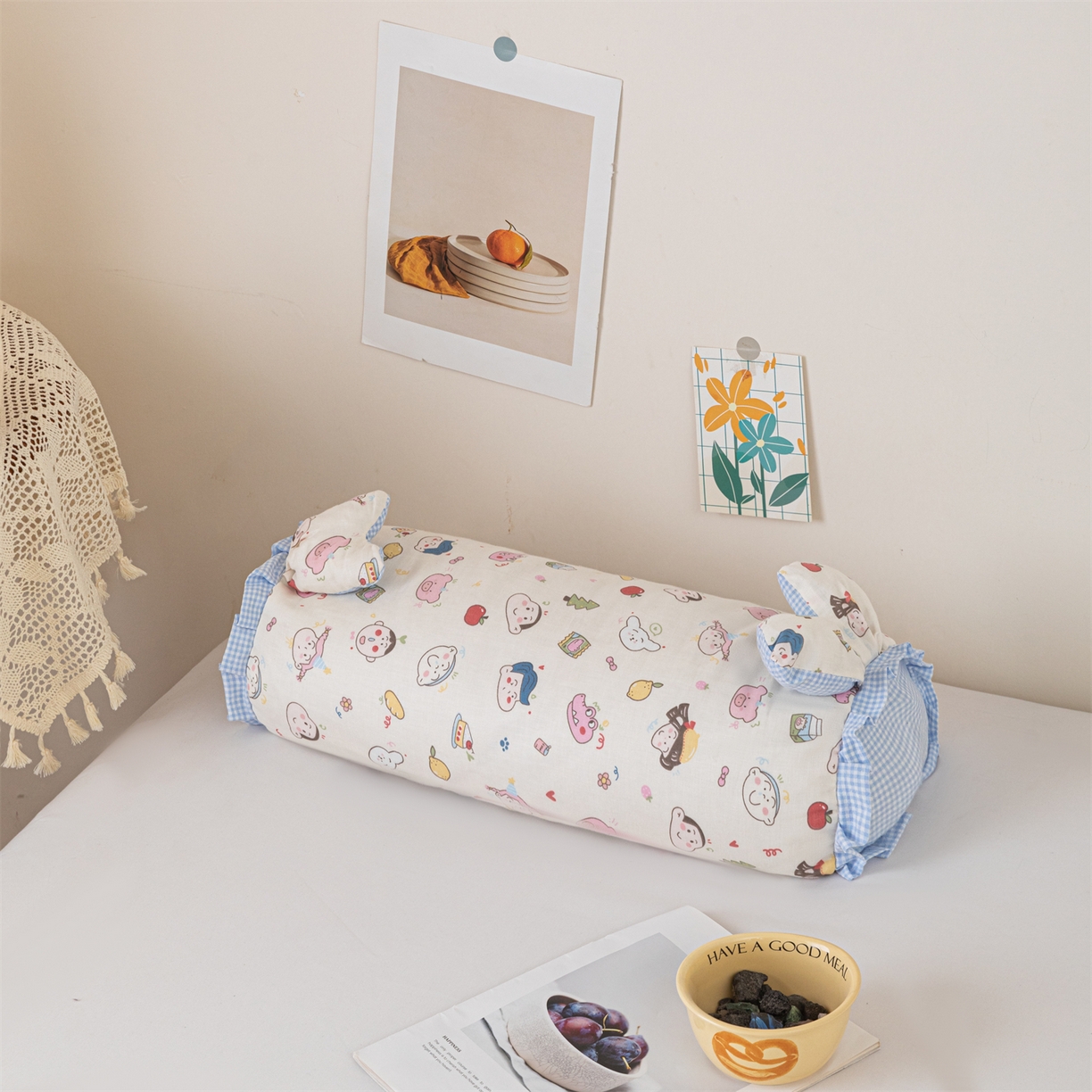 91家纺网 家纺一手货源 找家纺 卓昌枕芯 2025新款全棉双层纱兔耳枕糖果荞麦枕头枕芯 蜡笔小新兰格