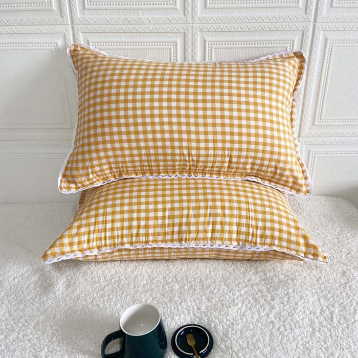 91家纺网 家纺一手货源 找家纺 卡奥家纺 2025新款A类纯棉色织枕套单枕套枕套单件 淡黄-小格