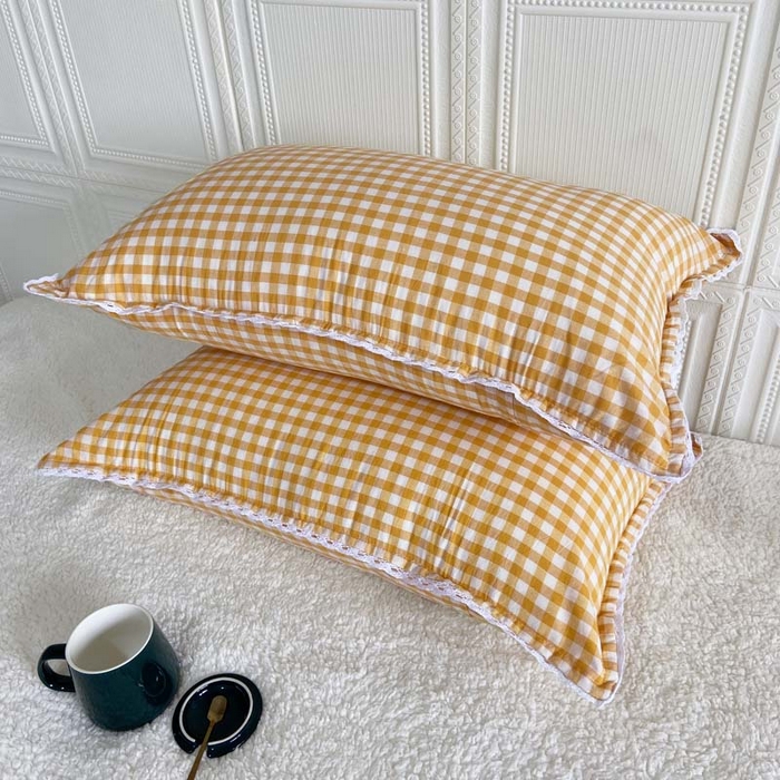 91家纺网 家纺一手货源 找家纺 卡奥家纺 2025新款A类纯棉色织枕套单枕套枕套单件 淡黄-小格