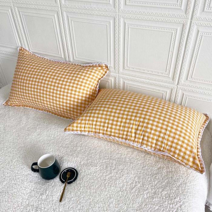 91家纺网 家纺一手货源 找家纺 卡奥家纺 2025新款A类纯棉色织枕套单枕套枕套单件 淡黄-小格