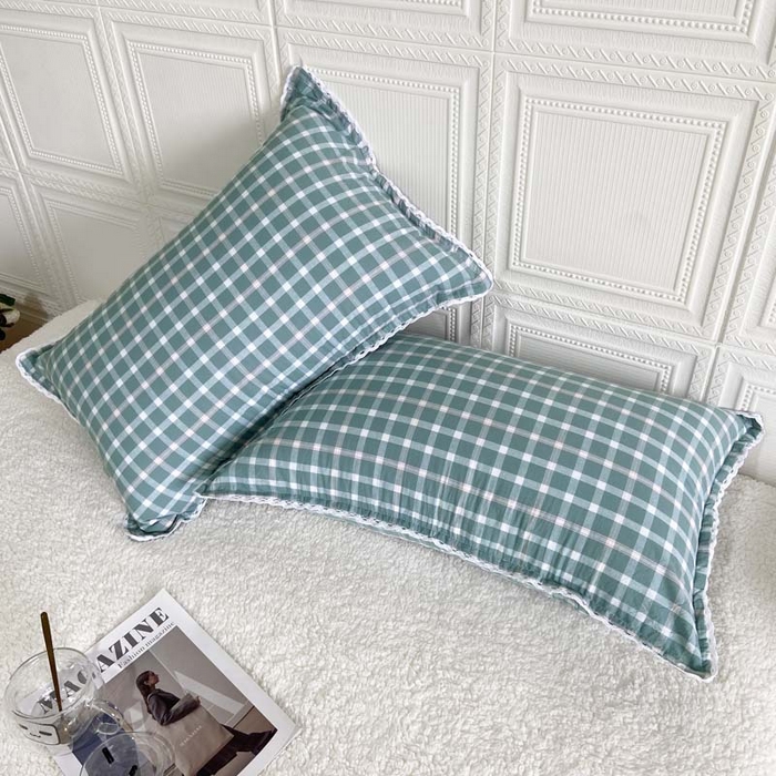 91家纺网 家纺一手货源 找家纺 卡奥家纺 2025新款A类纯棉色织枕套单枕套枕套单件 琉璃-绿大格