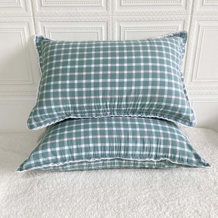 91家纺网 家纺一手货源 找家纺 卡奥家纺 2025新款A类纯棉色织枕套单枕套枕套单件 琉璃-绿大格