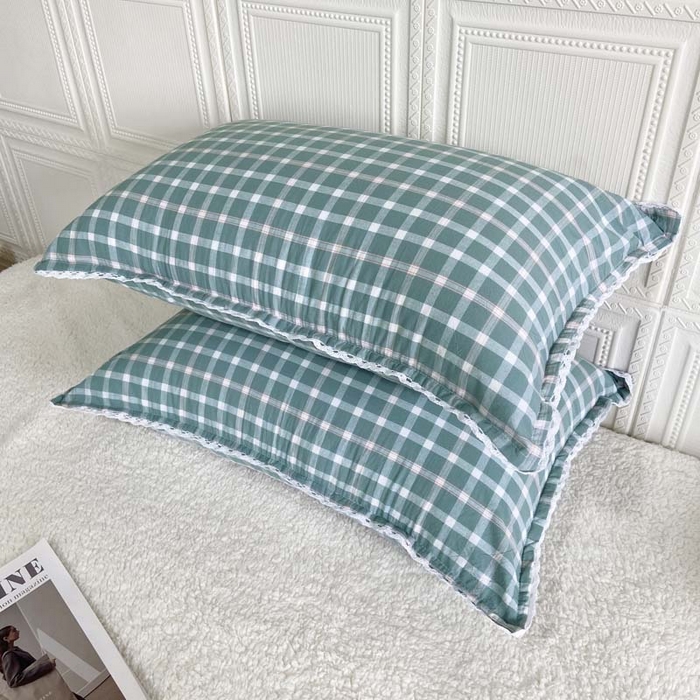 91家纺网 家纺一手货源 找家纺 卡奥家纺 2025新款A类纯棉色织枕套单枕套枕套单件 琉璃-绿大格