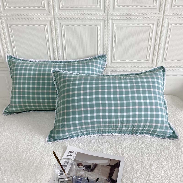 卡奥家纺 2025新款A类纯棉色织枕套单枕套枕套单件 琉璃-绿大格