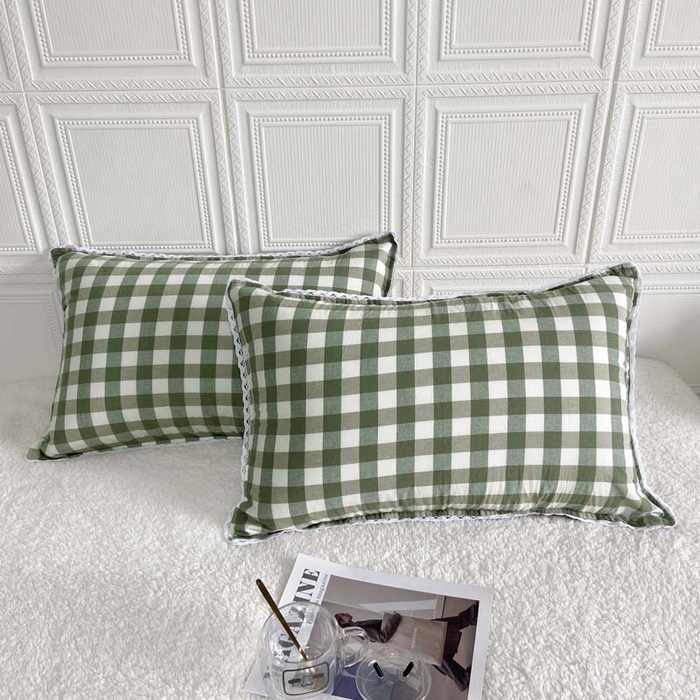 卡奥家纺 2025新款A类纯棉色织枕套单枕套枕套单件 绿色-格