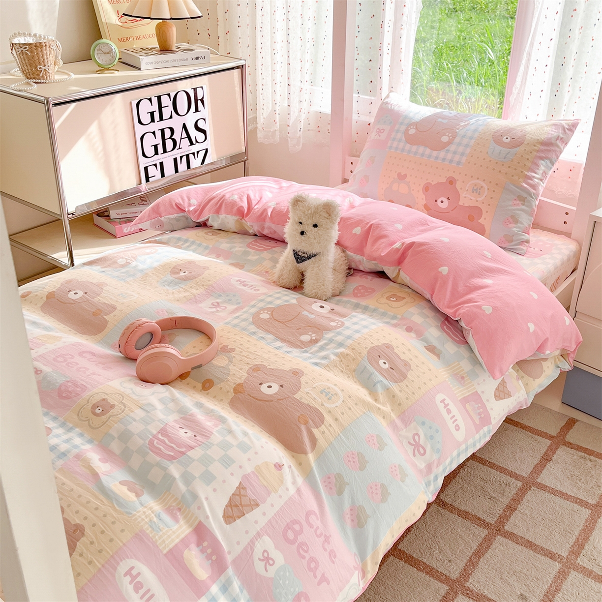 91家纺网 家纺一手货源 找家纺 盛秋家纺 2025新款水洗棉卡通学生小三套套件 萌宠乐园+粉爱心