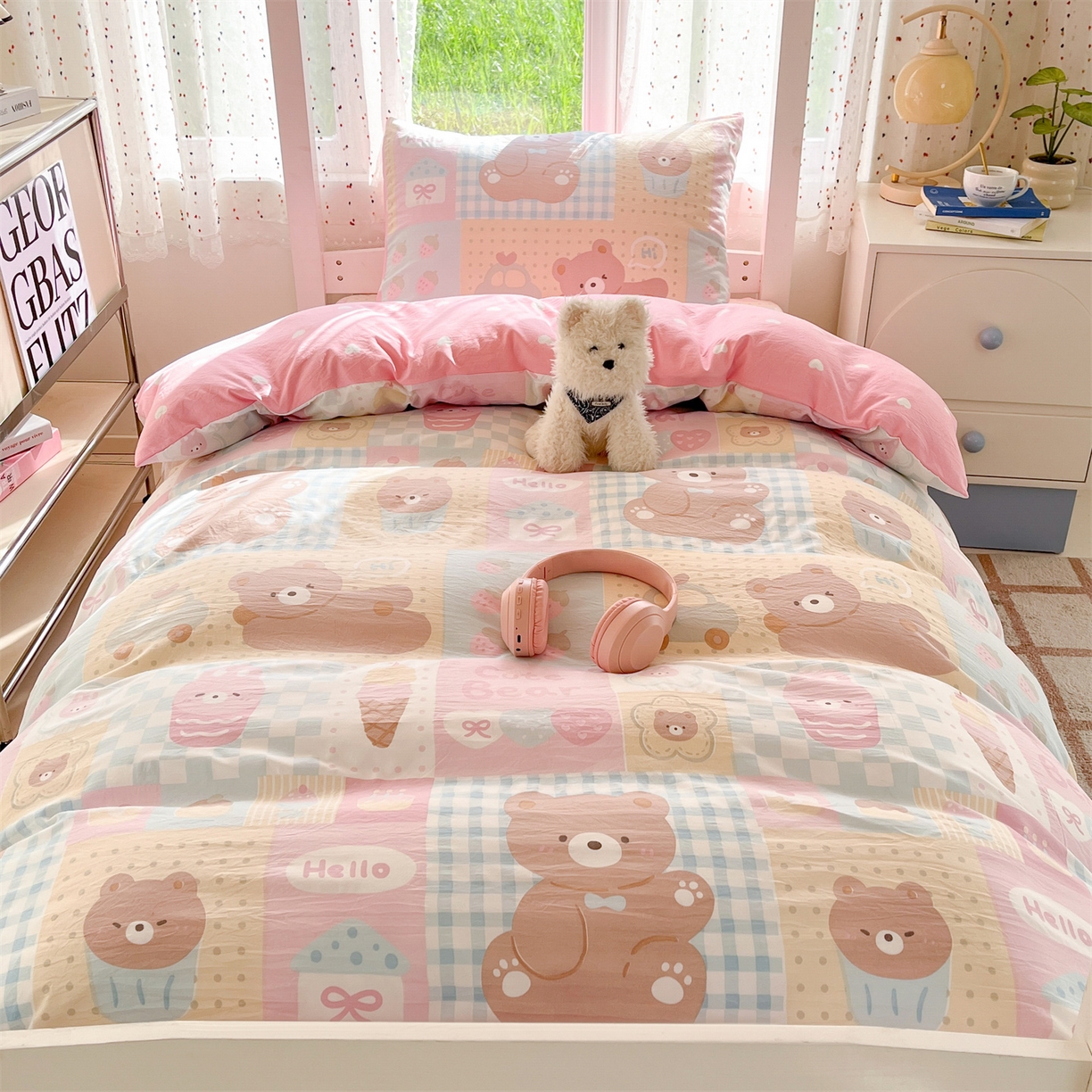 91家纺网 家纺一手货源 找家纺 盛秋家纺 2025新款水洗棉卡通学生小三套套件 萌宠乐园+粉爱心