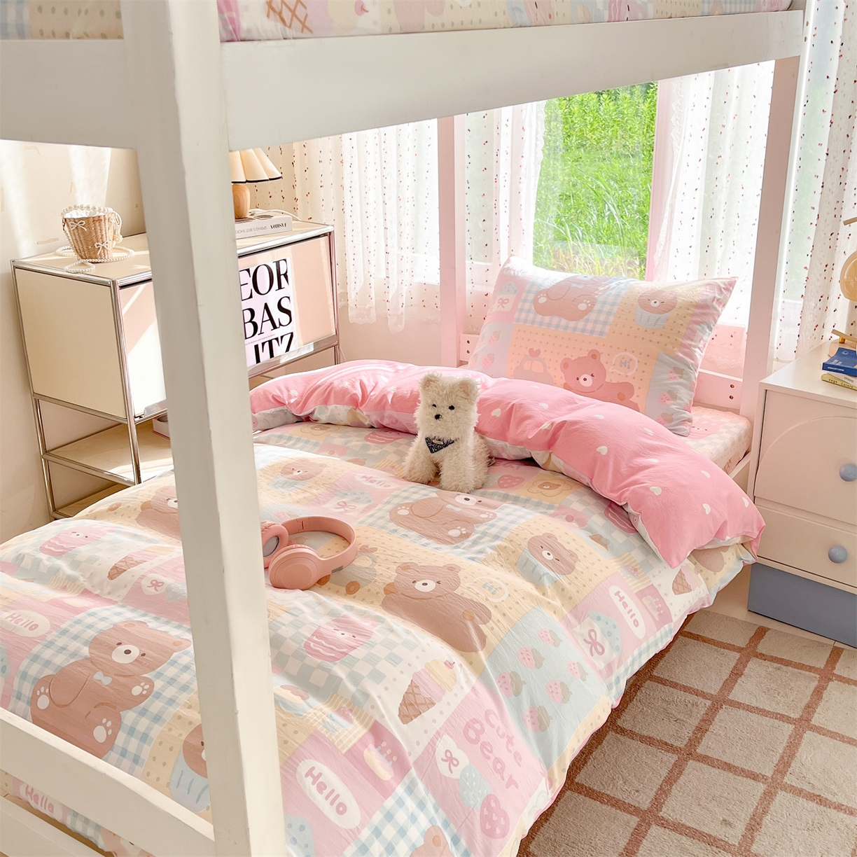 91家纺网 家纺一手货源 找家纺 盛秋家纺 2025新款水洗棉卡通学生小三套套件 萌宠乐园+粉爱心