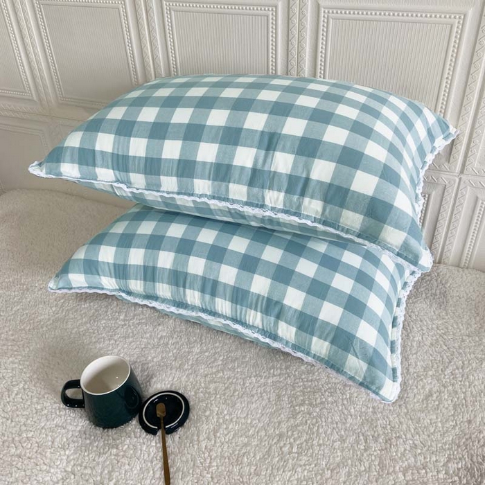 91家纺网 家纺一手货源 找家纺 卡奥家纺 2025新款A类纯棉色织枕套单枕套枕套单件 浅兰中格