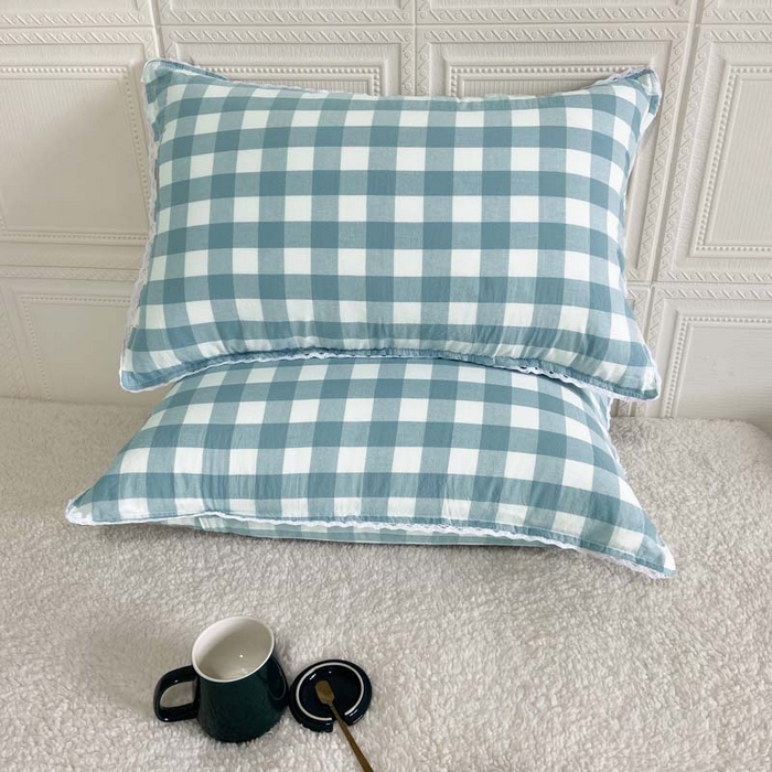 91家纺网 家纺一手货源 找家纺 卡奥家纺 2025新款A类纯棉色织枕套单枕套枕套单件 浅兰中格