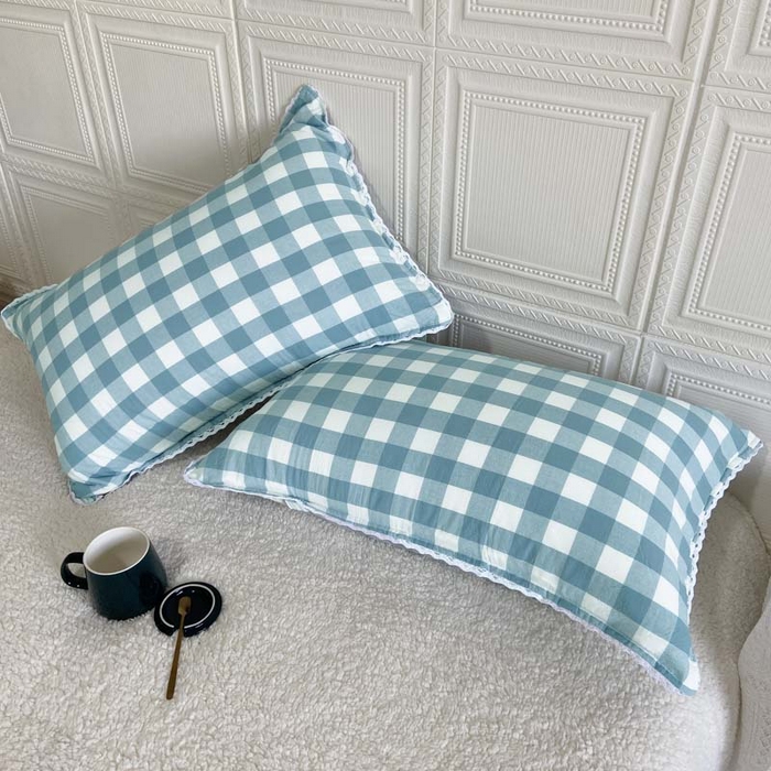 91家纺网 家纺一手货源 找家纺 卡奥家纺 2025新款A类纯棉色织枕套单枕套枕套单件 浅兰中格
