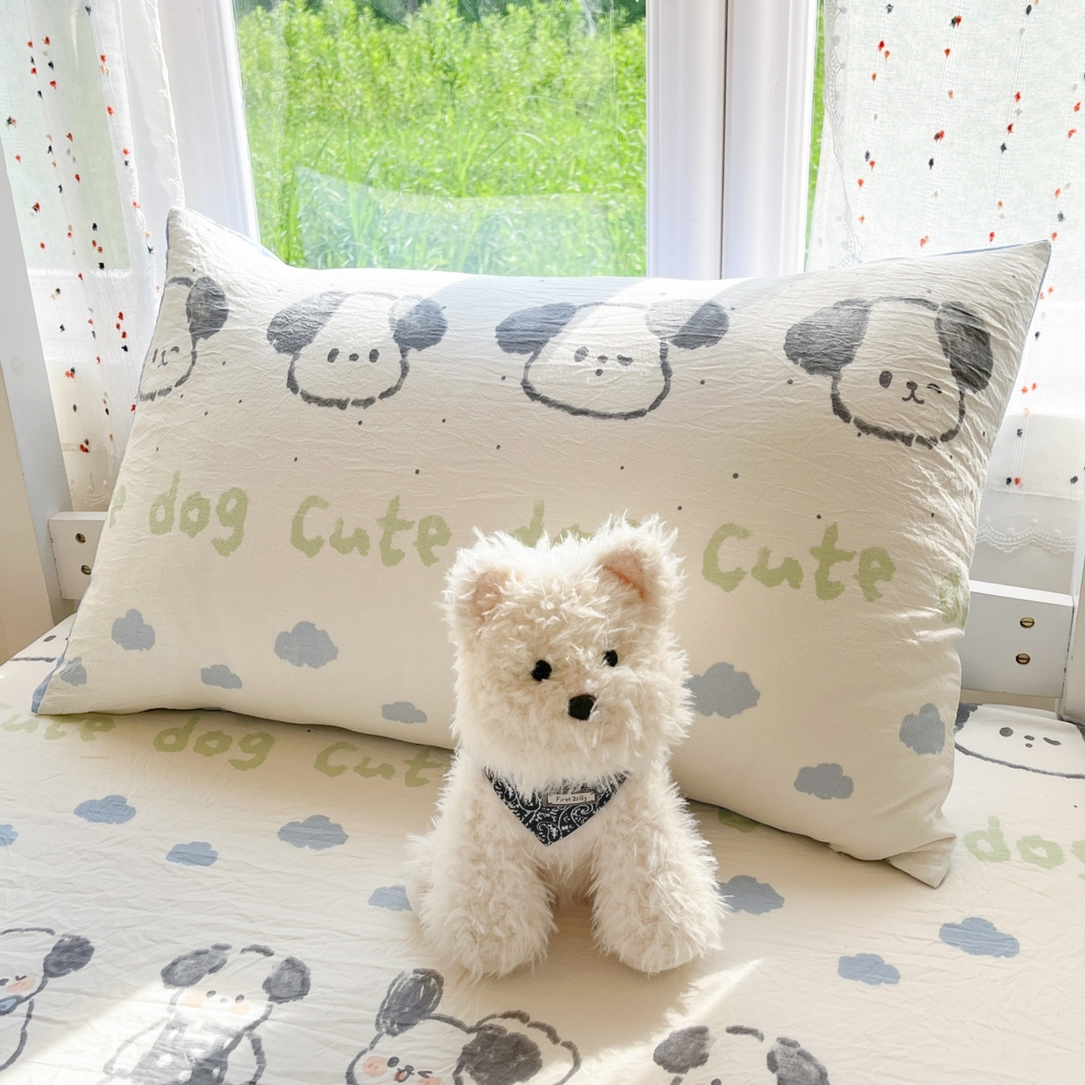 91家纺网 家纺一手货源 找家纺 盛秋家纺 2025新款水洗棉卡通学生小三套套件 欢乐狗+蓝爱心