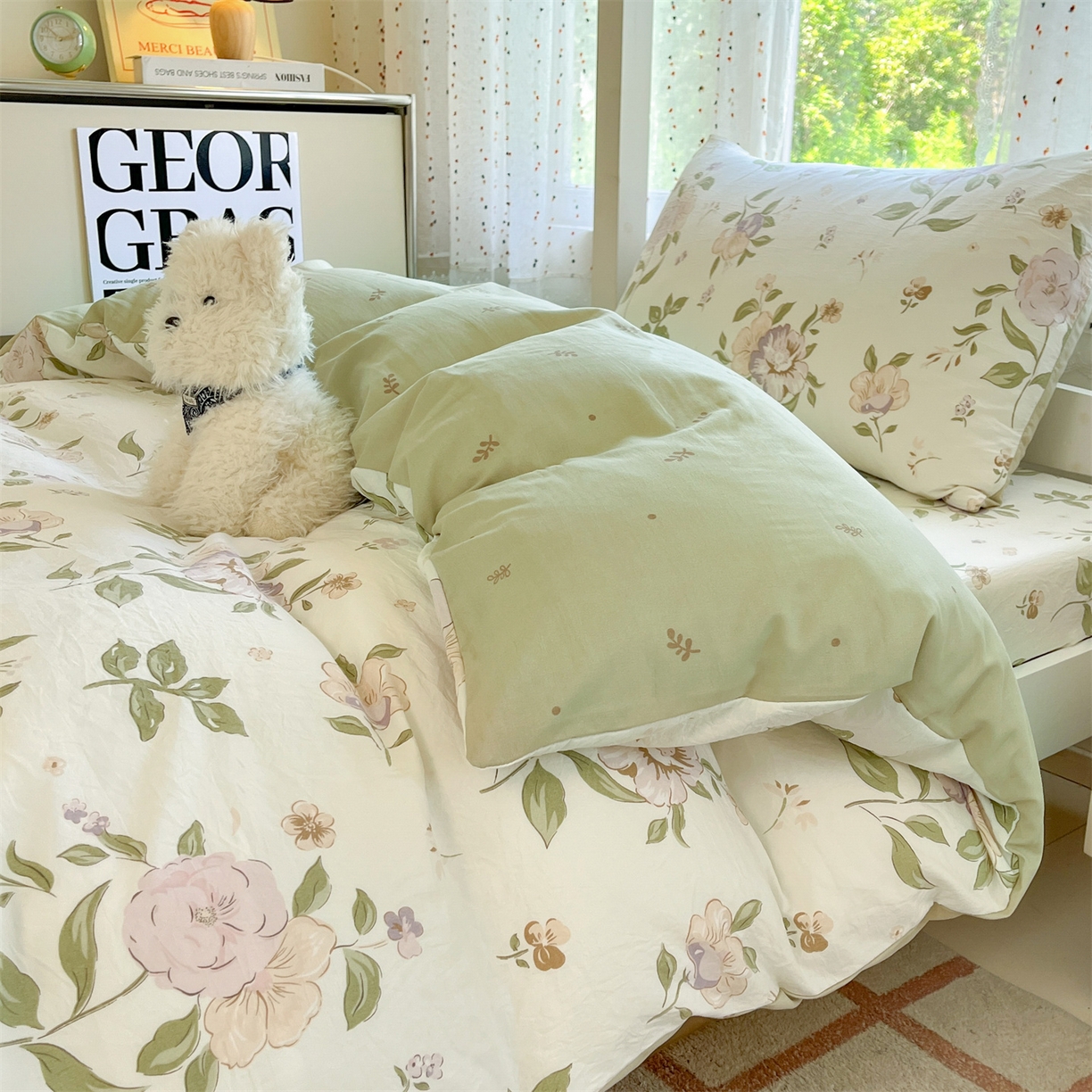 91家纺网 家纺一手货源 找家纺 盛秋家纺 2025新款水洗棉卡通学生小三套套件 铃兰+绿叶