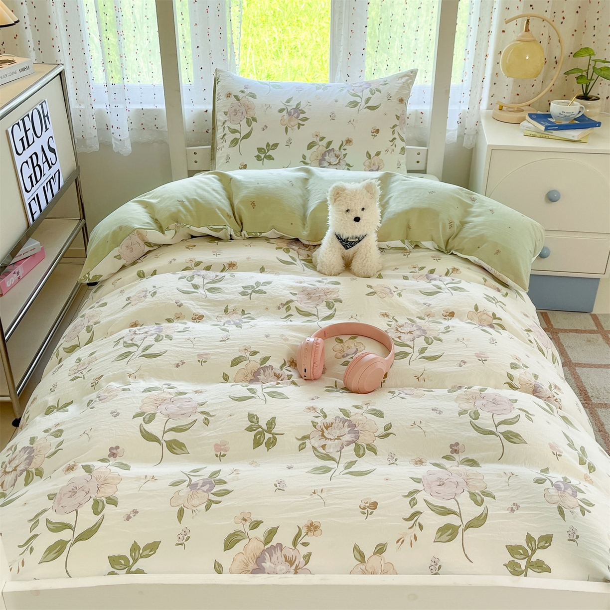 91家纺网 家纺一手货源 找家纺 盛秋家纺 2025新款水洗棉卡通学生小三套套件 铃兰+绿叶