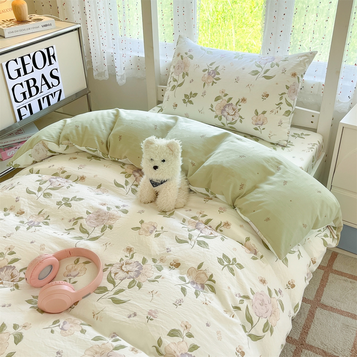 91家纺网 家纺一手货源 找家纺 盛秋家纺 2025新款水洗棉卡通学生小三套套件 铃兰+绿叶