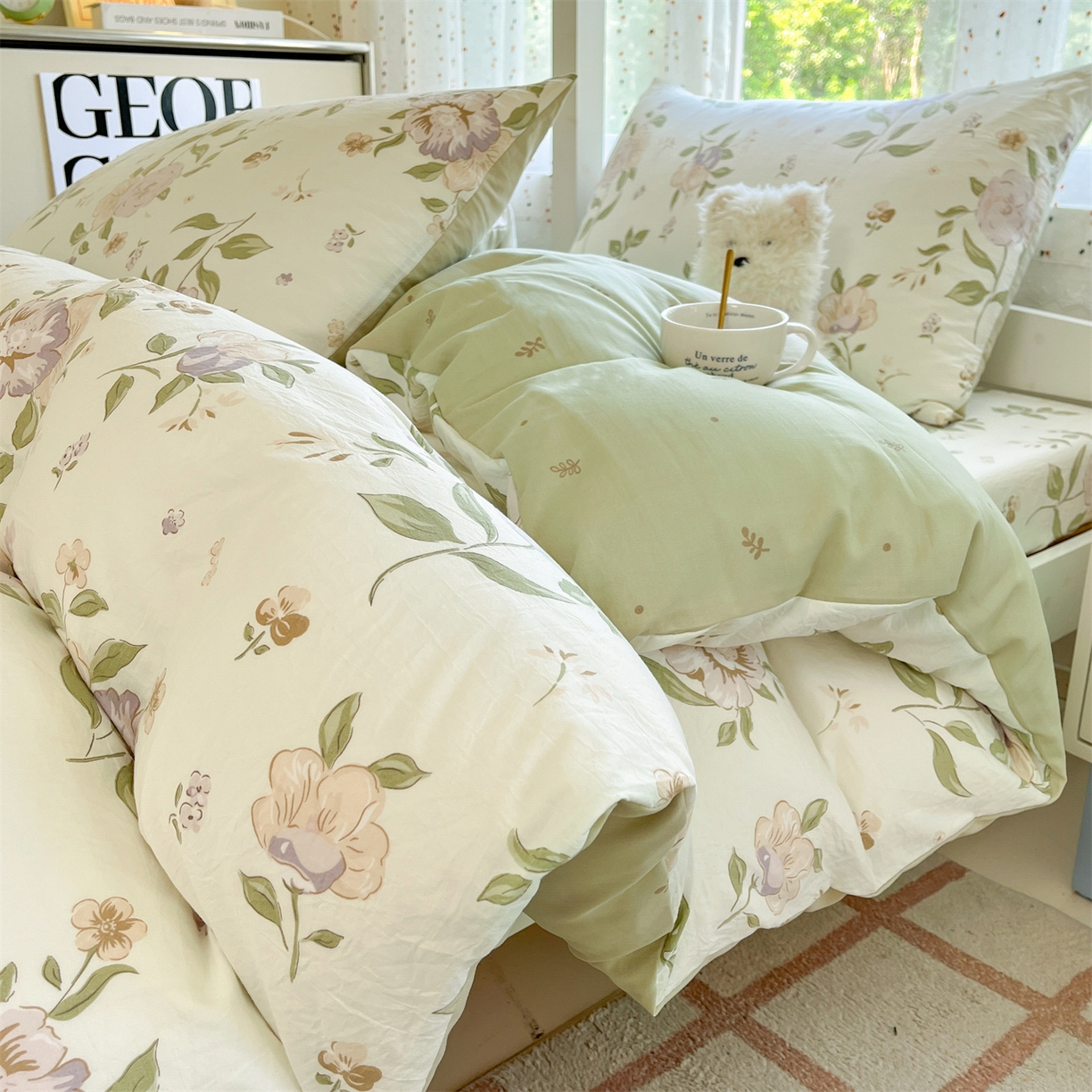 91家纺网 家纺一手货源 找家纺 盛秋家纺 2025新款水洗棉卡通学生小三套套件 铃兰+绿叶