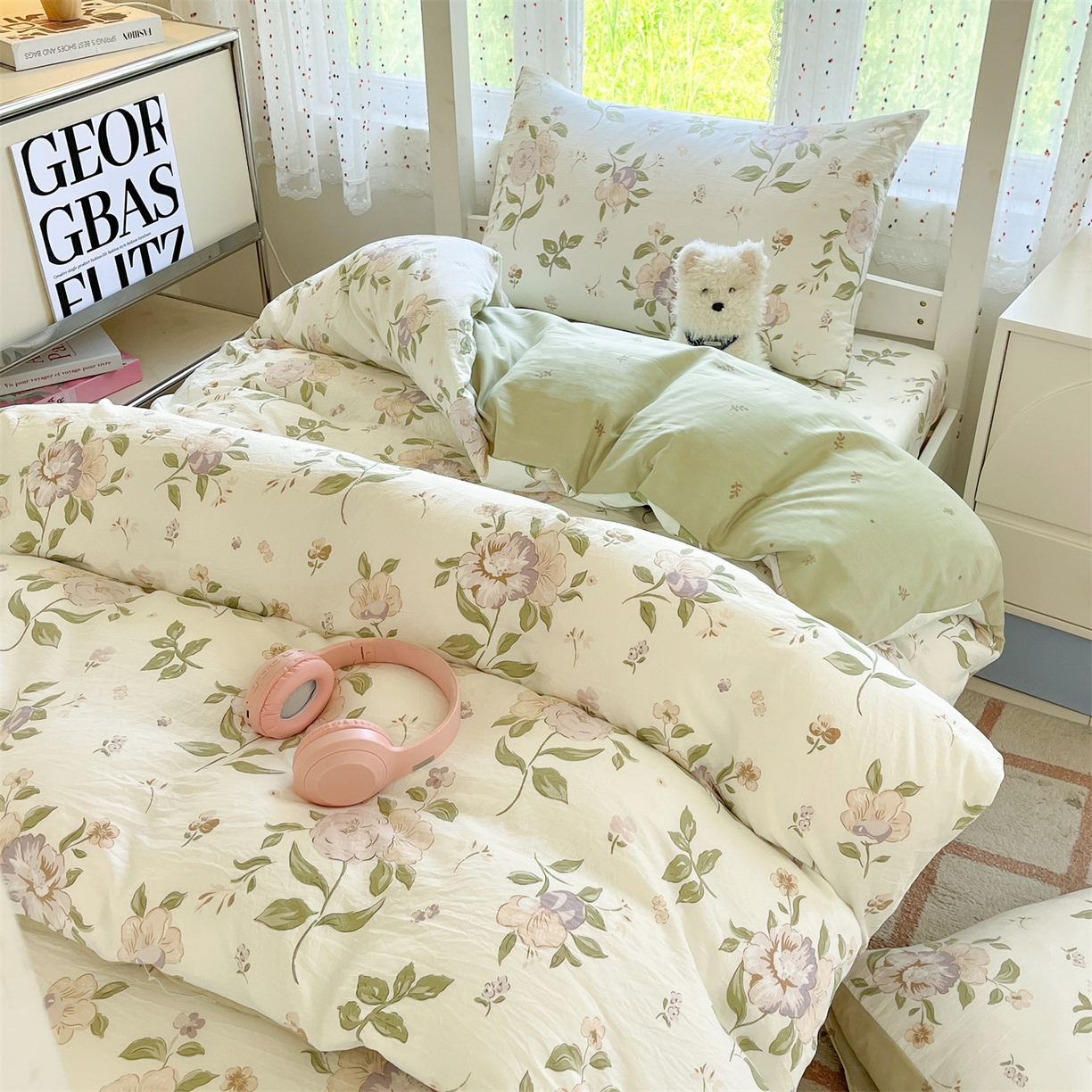 91家纺网 家纺一手货源 找家纺 盛秋家纺 2025新款水洗棉卡通学生小三套套件 铃兰+绿叶