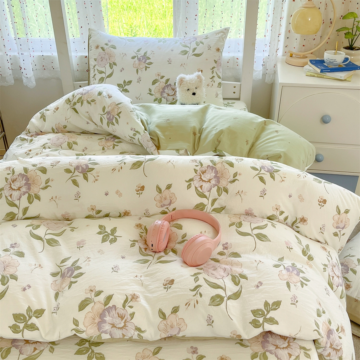 91家纺网 家纺一手货源 找家纺 盛秋家纺 2025新款水洗棉卡通学生小三套套件 铃兰+绿叶