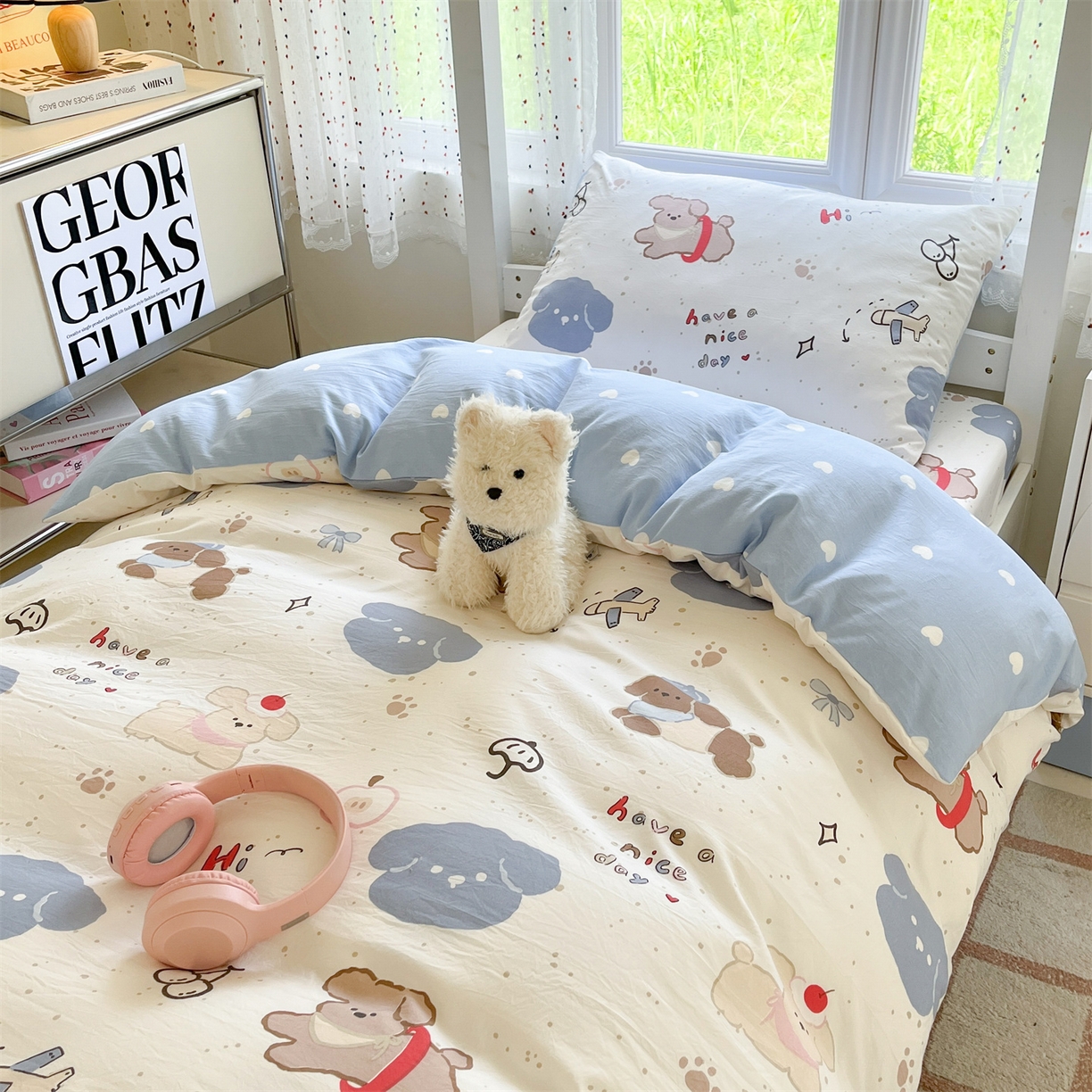 91家纺网 家纺一手货源 找家纺 盛秋家纺 2025新款水洗棉卡通学生小三套套件 开心乐园+蓝爱心