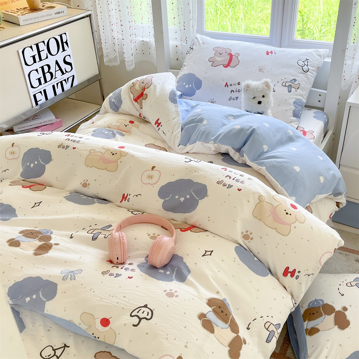 91家纺网 家纺一手货源 找家纺 盛秋家纺 2025新款水洗棉卡通学生小三套套件 开心乐园+蓝爱心